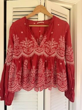 Ulla Johnson Red Embroidered Peasant Tunic Top Blouse 100% Cotton Size 2 Small